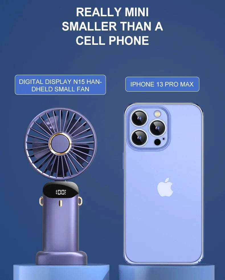 Super Handy Mini Fan Foldable Neck Hanging Fans 5 Speed USB Rechargeable Fan with Phone Stand and Display Screen 1800mAh