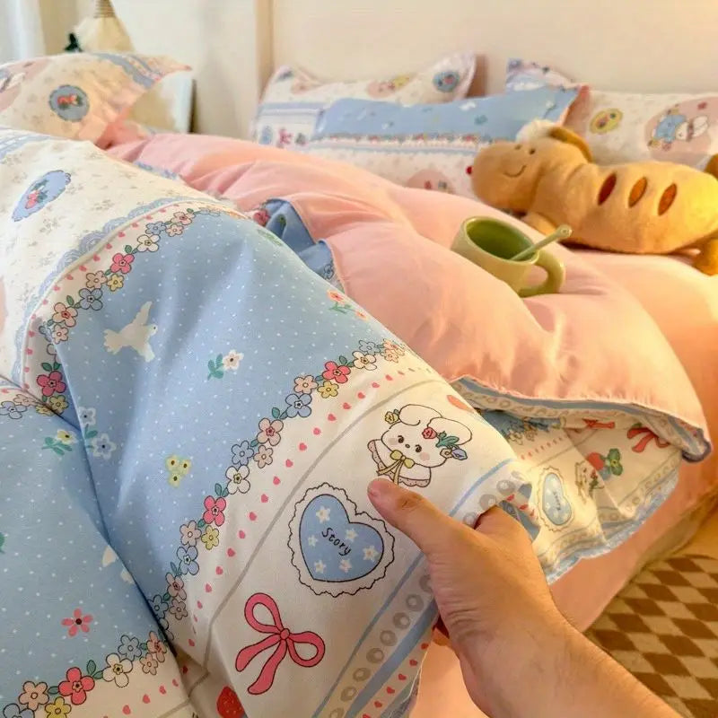 Boys & Girls Cute Rabbit Bedding Set New No Filler Ins Floral Duvet Cover Flat Sheet Pillowcases Twin Queen Size Comforter Cover