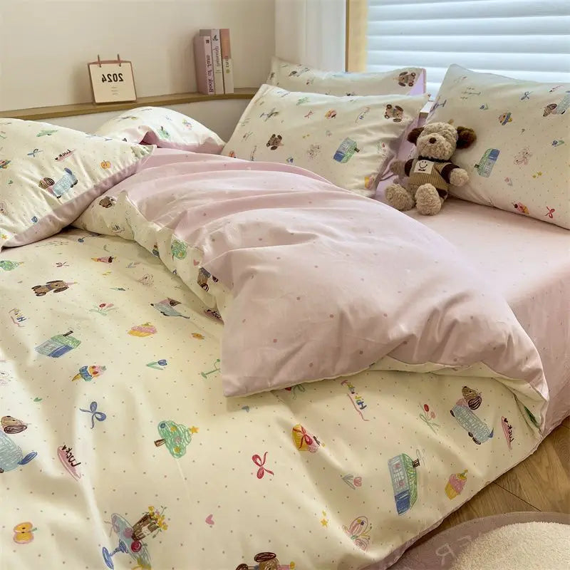Boys & Girls Cute Rabbit Bedding Set New No Filler Ins Floral Duvet Cover Flat Sheet Pillowcases Twin Queen Size Comforter Cover