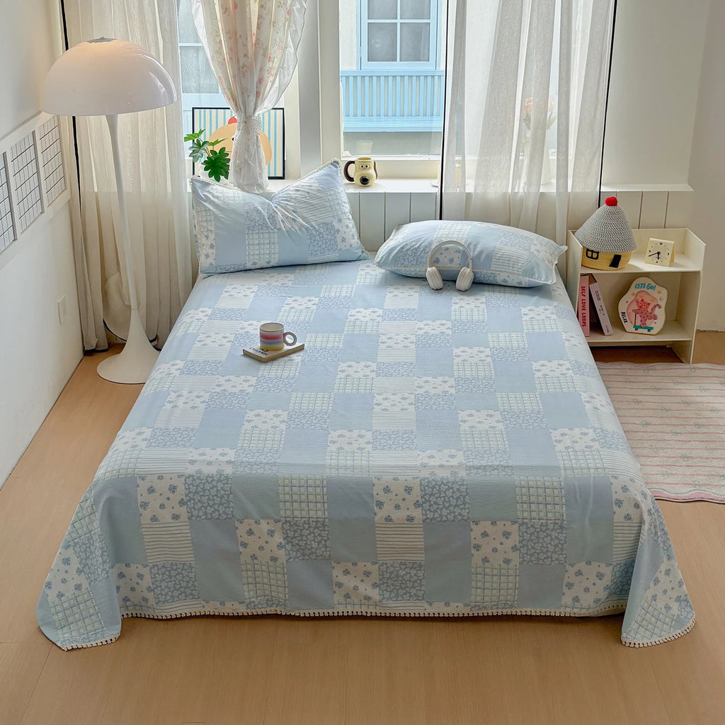 Spring & Summer  Floral Print Double Gauze Bed Sheet with Fringe Lace Trim