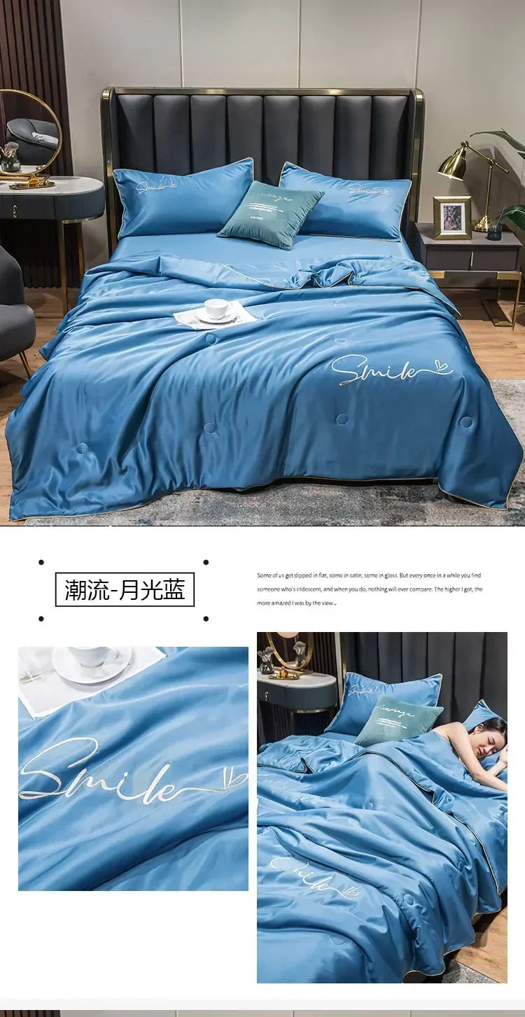Cool Set 100% Washed Silk Summer Quilt Embroidery Smooth Ice Cooling Comforter for Bed Silky Solid Blanket Soft Cool Summer Blanket