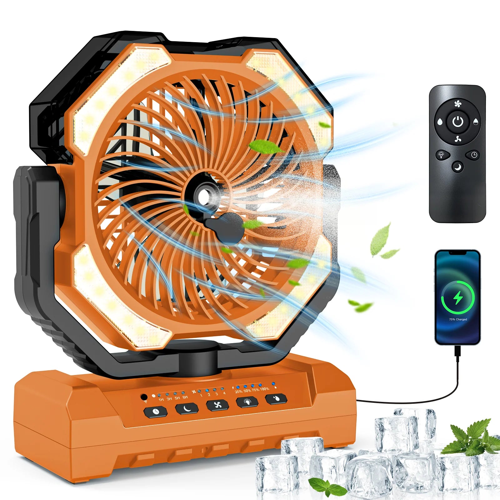 Super 20000mAh Operated Mist Cooling Fan Portable Rechargeable Desk/Camping Fan with LED Light and Hook Outdoor Fan for Tent Car Trip