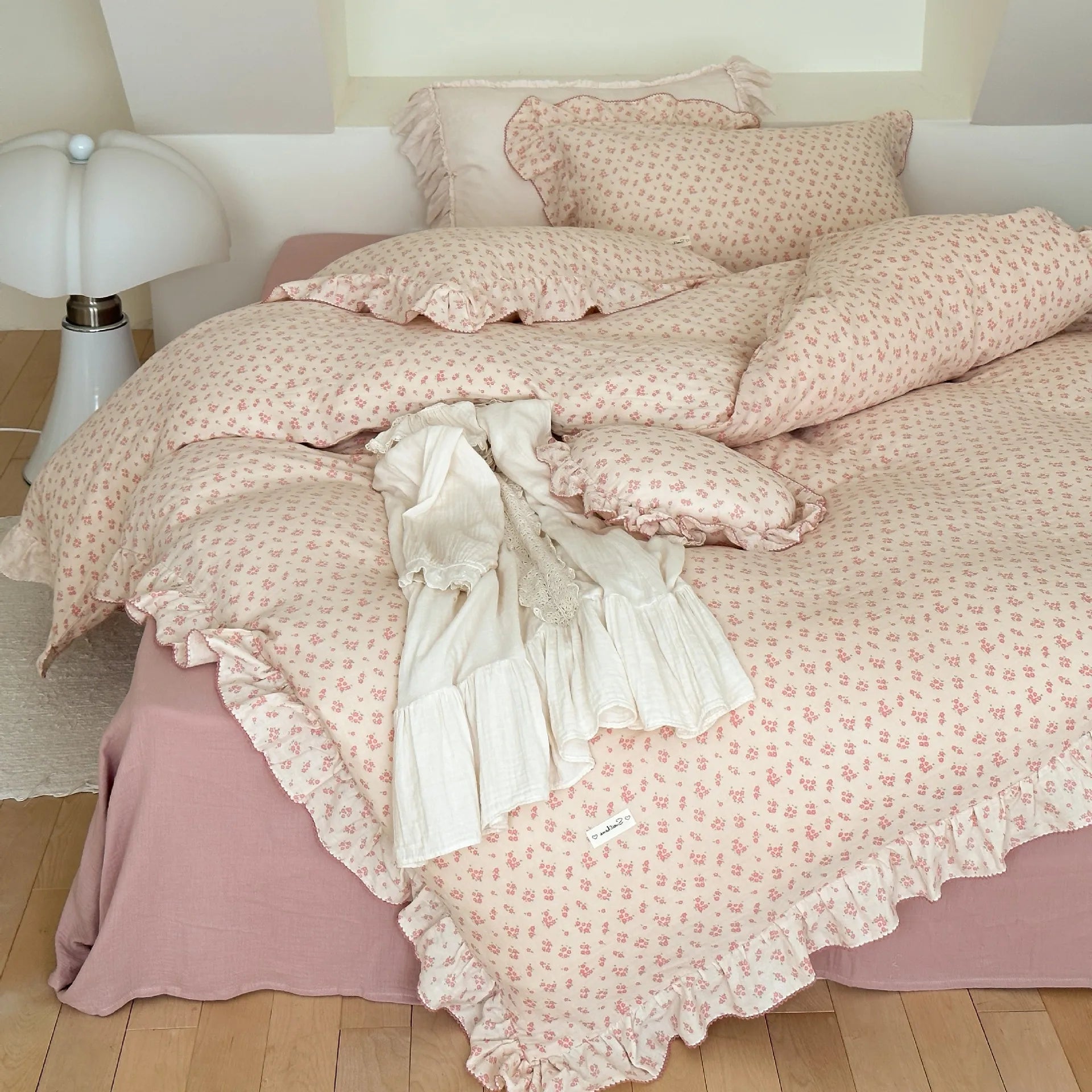 Cozy Princess Ruffle Edge Gauze 100% Cotton Pillow Case Breathable Duvet Cover Without Filler 3PCS Floral Home Bedding Set