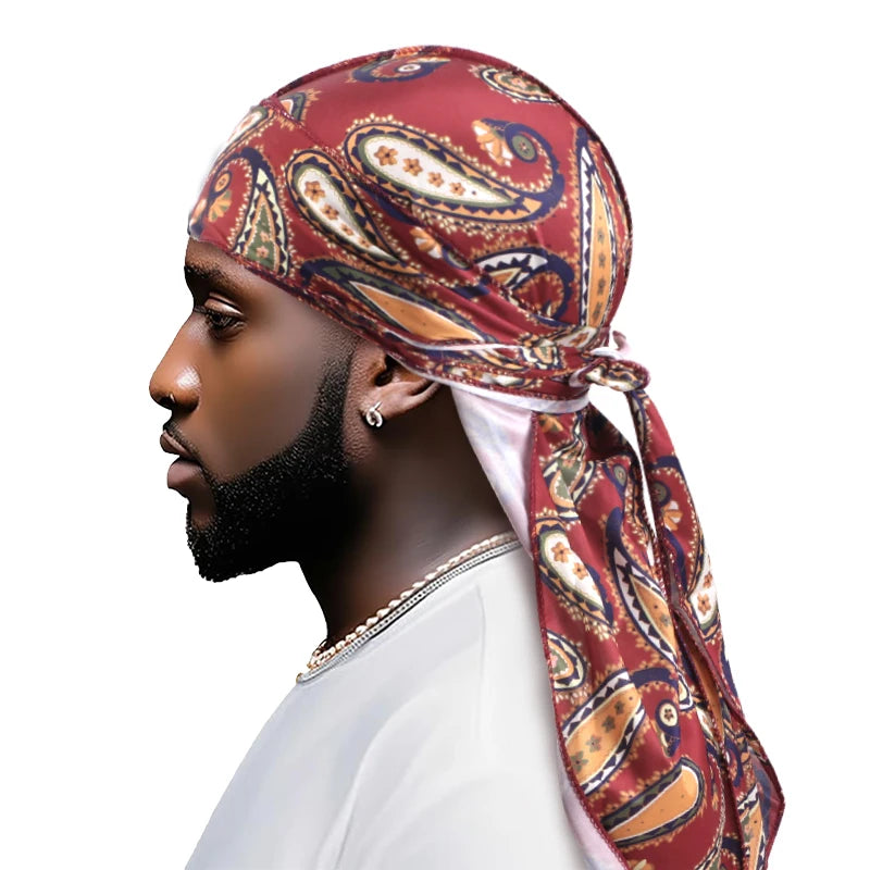 Large  Silk Cashew Style Printed Durag Turban For Women Men Bandanas Headwear Silky Rag Long Tail Pirate Hat Caps Hair Accessories