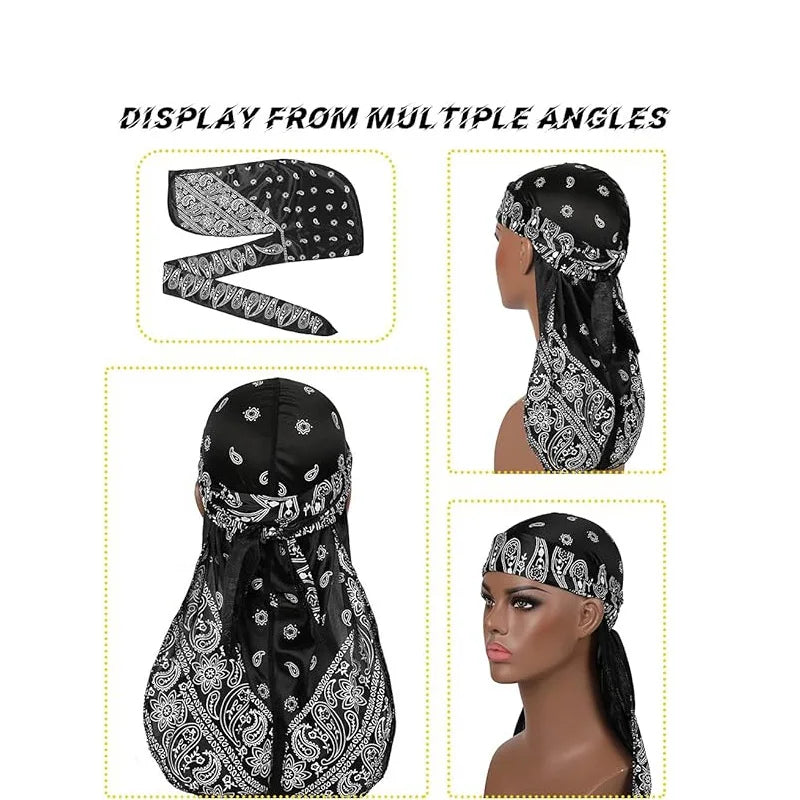 Premium Men Satin Paisley Printed Durag Turban Bandanas Headwear Silky DuRag Doo Rag Long Tail Pirate Hat Wave Caps Hair Accessories