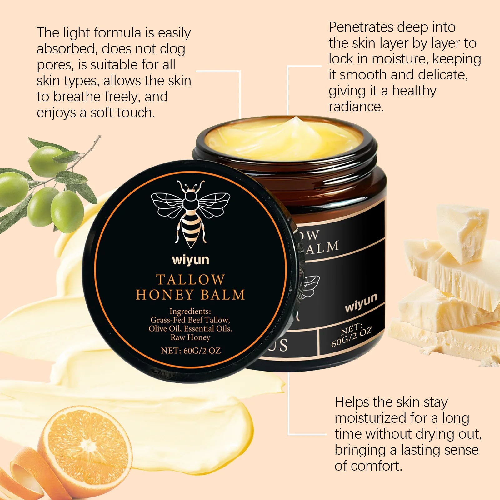 Pure Tallow Honey Balm Glowing Hydrating Skin Enhacne Elasticity Improve Dullness Fade Fine Lines Firming Face Body Moisturize Cream