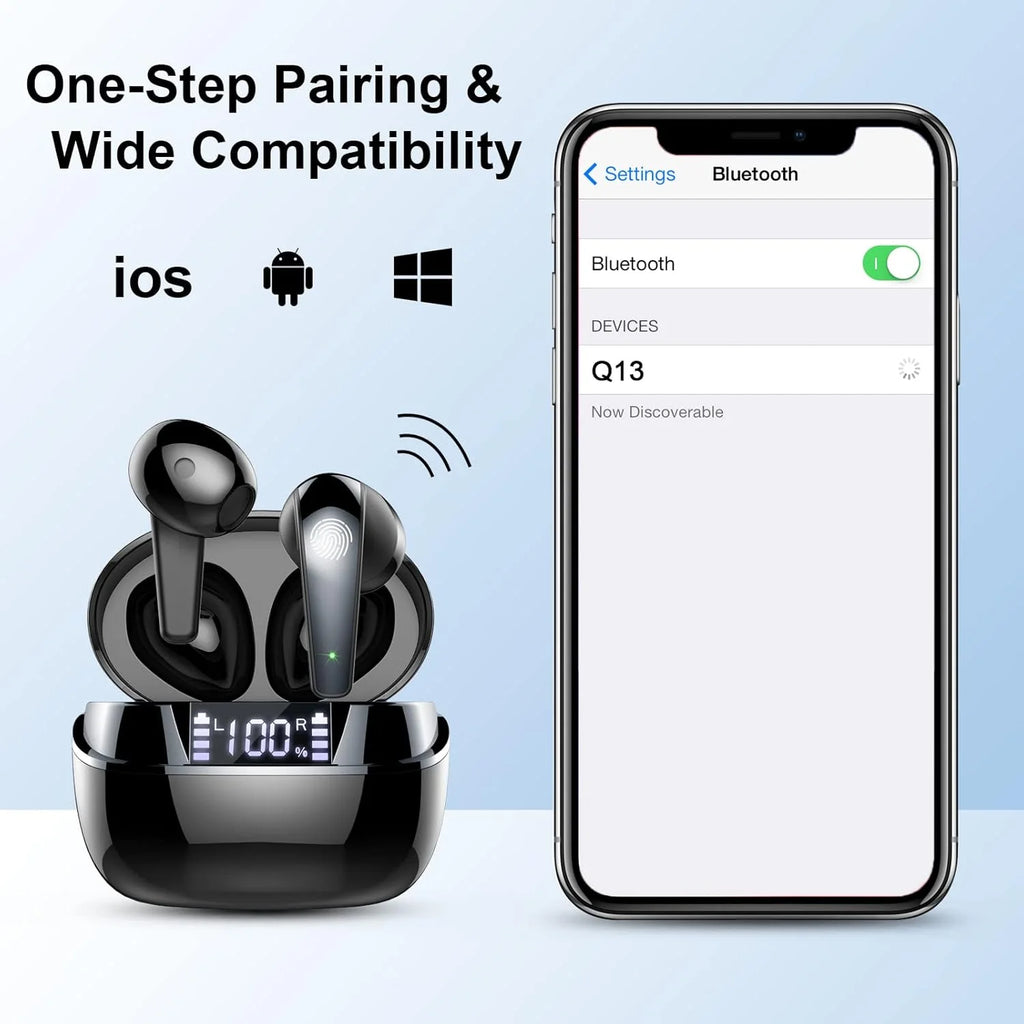 Deep Bass Wireless Earbuds, Bluetooth 5.3 Earbuds Stereo Bass, Noise Cancelling Mic, Earphones IPX7 Waterproof Sports, 35H Playback.