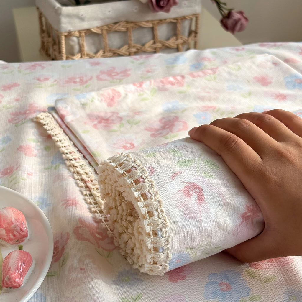 Spring & Summer  Floral Print Double Gauze Bed Sheet with Fringe Lace Trim