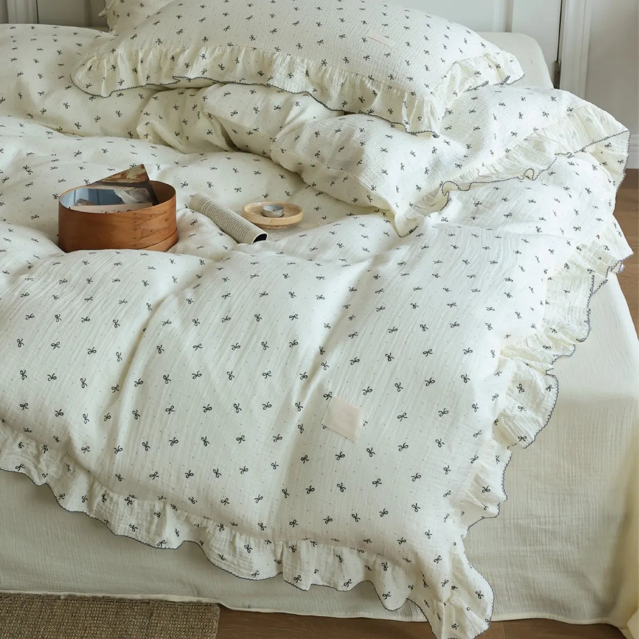 Cozy Princess Ruffle Edge Gauze 100% Cotton Pillow Case Breathable Duvet Cover Without Filler 3PCS Floral Home Bedding Set