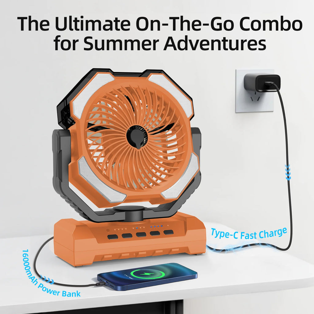 Super 20000mAh Operated Mist Cooling Fan Portable Rechargeable Desk/Camping Fan with LED Light and Hook Outdoor Fan for Tent Car Trip