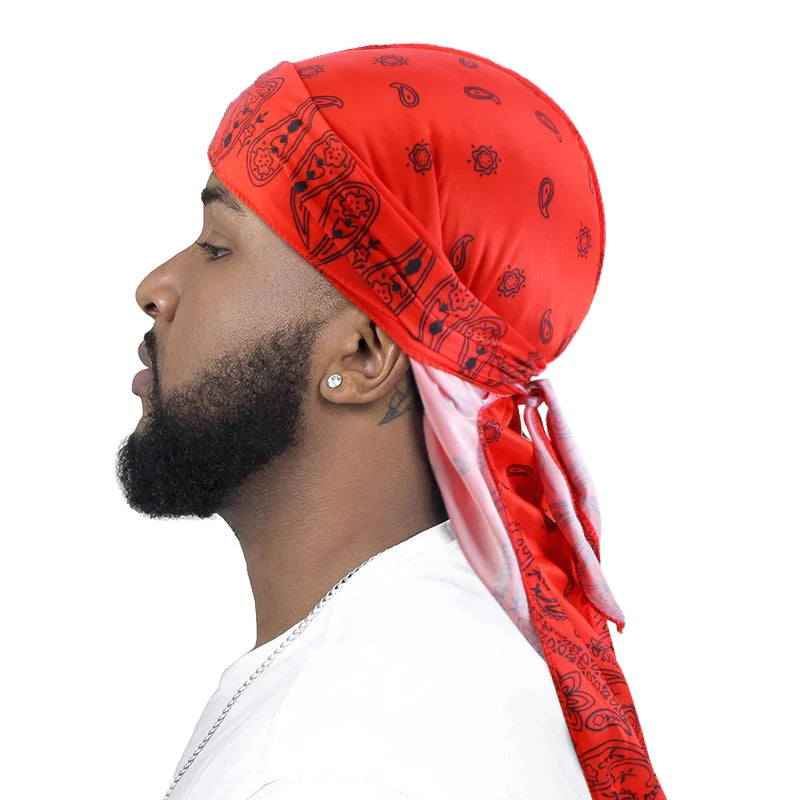 Premium Men Satin Paisley Printed Durag Turban Bandanas Headwear Silky DuRag Doo Rag Long Tail Pirate Hat Wave Caps Hair Accessories