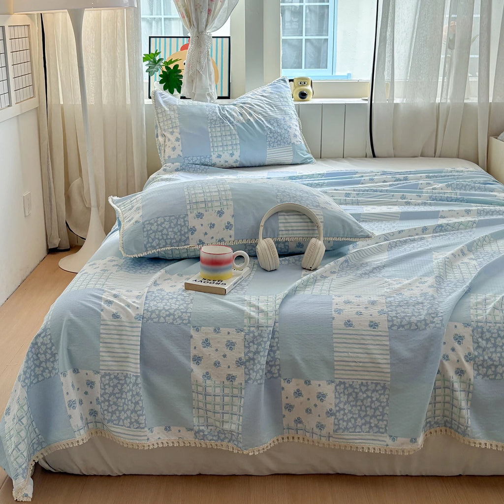 Spring & Summer  Floral Print Double Gauze Bed Sheet with Fringe Lace Trim