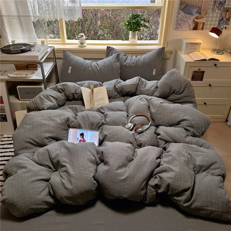Puffy 3/4Pcs Solid Color Skin-friendly Soft Bedding Set Duvet Cover Bed Sheet Pillowcases