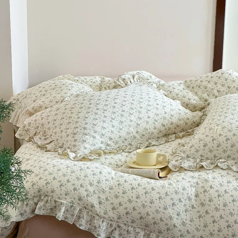 Cozy Princess Ruffle Edge Gauze 100% Cotton Pillow Case Breathable Duvet Cover Without Filler 3PCS Floral Home Bedding Set