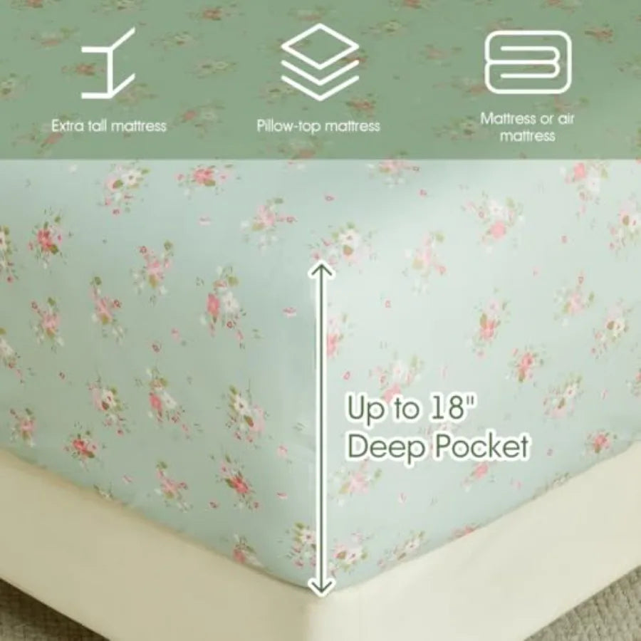 Natural Mint Floral Sheets King Size Deep Pocket Sheets Black Soft Breathable Farmhouse 4pcs Bed Sheet Sets
