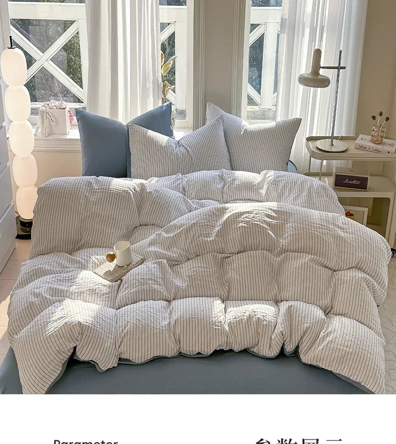 100% Pure Cotton Home Textile Striped Bedding Set Simple Soft Duvet Cover Sheet Pillowcase Ins Style Bed Linens Queen King Size 2025