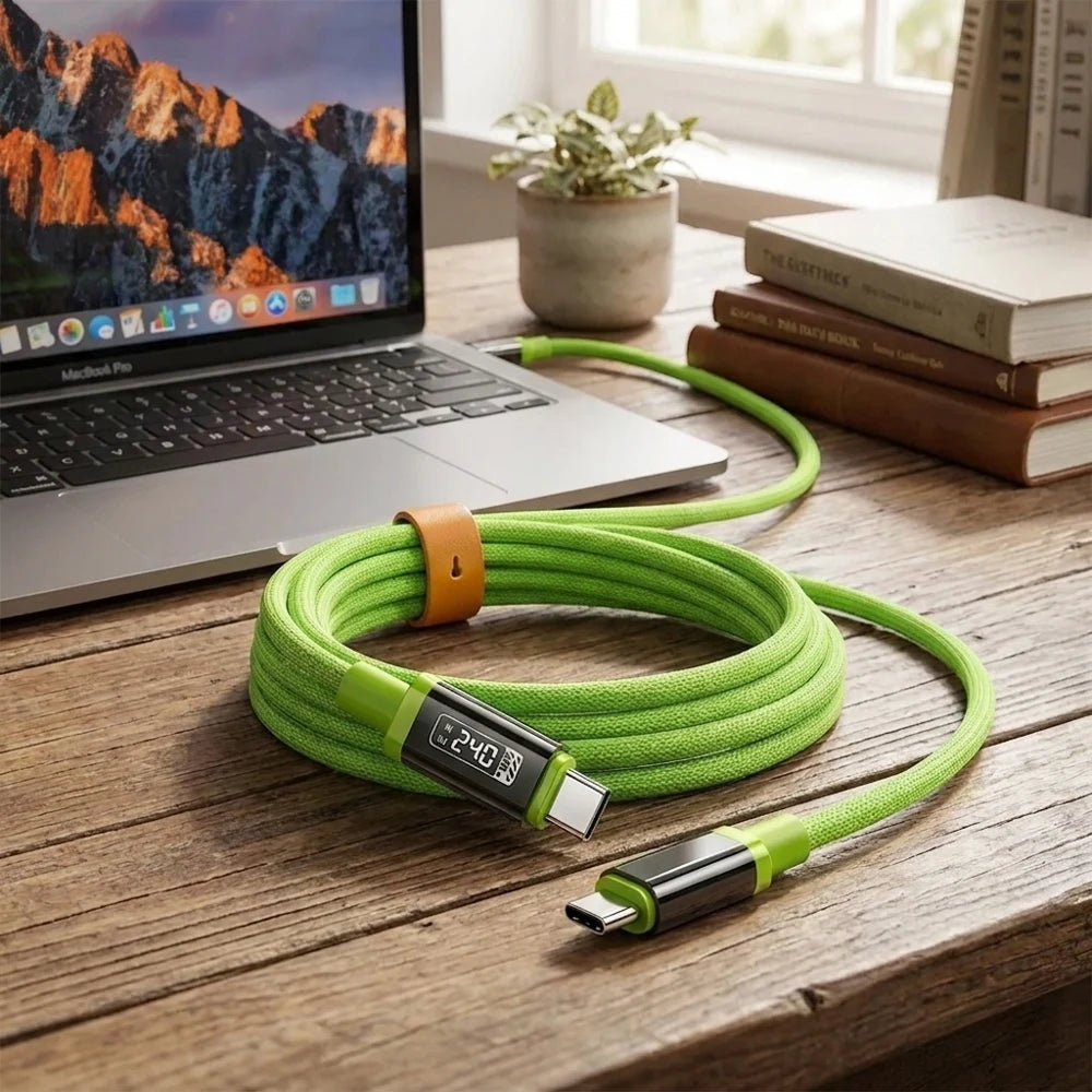 Super Cable Type C. 240W Max Fast Charging Type-C to Type-C Data Cable LED Power Display High-Speed PD Charge & Sync Wire Durable Braided Cord