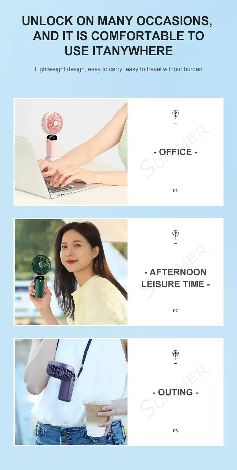 Super Handy Mini Fan Foldable Neck Hanging Fans 5 Speed USB Rechargeable Fan with Phone Stand and Display Screen 1800mAh