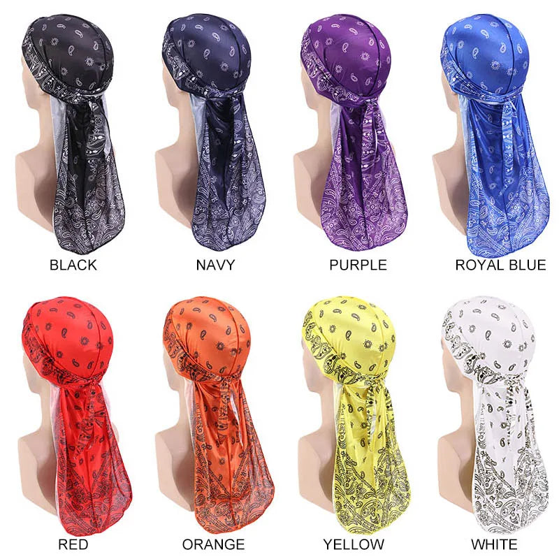 Premium Men Satin Paisley Printed Durag Turban Bandanas Headwear Silky DuRag Doo Rag Long Tail Pirate Hat Wave Caps Hair Accessories