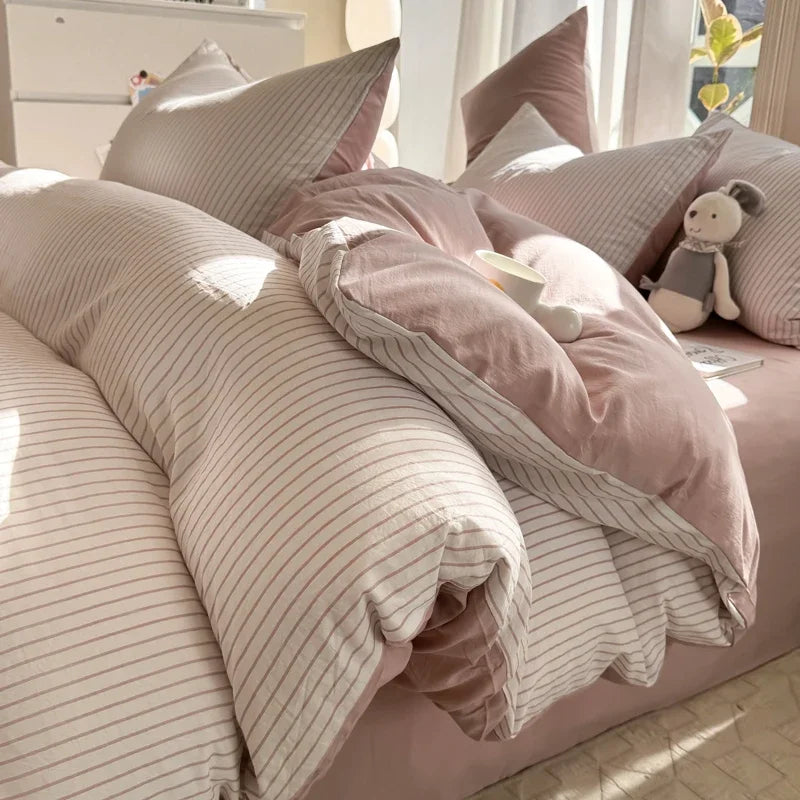 100% Pure Cotton Home Textile Striped Bedding Set Simple Soft Duvet Cover Sheet Pillowcase Ins Style Bed Linens Queen King Size 2025