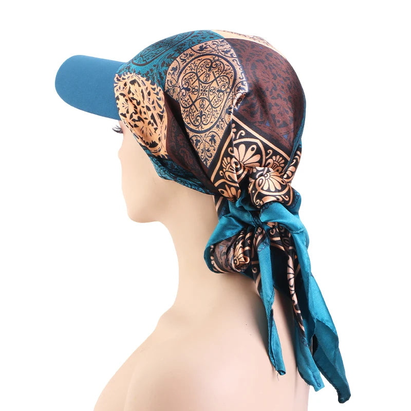 Women Fashion Printed Satin Headscarf Hat with Brim Sun Hats Summer Soft Breathable Headscarf Caps Baseball Cap