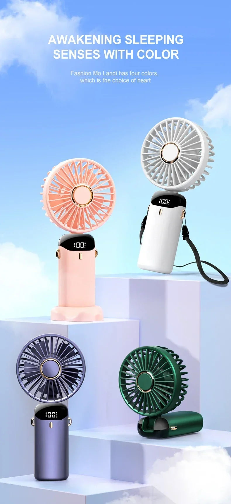 Super Handy Mini Fan Foldable Neck Hanging Fans 5 Speed USB Rechargeable Fan with Phone Stand and Display Screen 1800mAh