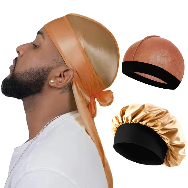 Combo 3PCS/LOT Men Silky Durag Long Tail Pirate Hat Headband Turban Dome Wave Cap Unisex Wig Cap Elastic Band Satin Bonnet