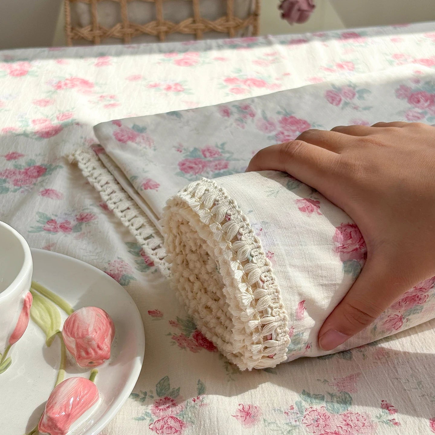 Spring & Summer  Floral Print Double Gauze Bed Sheet with Fringe Lace Trim