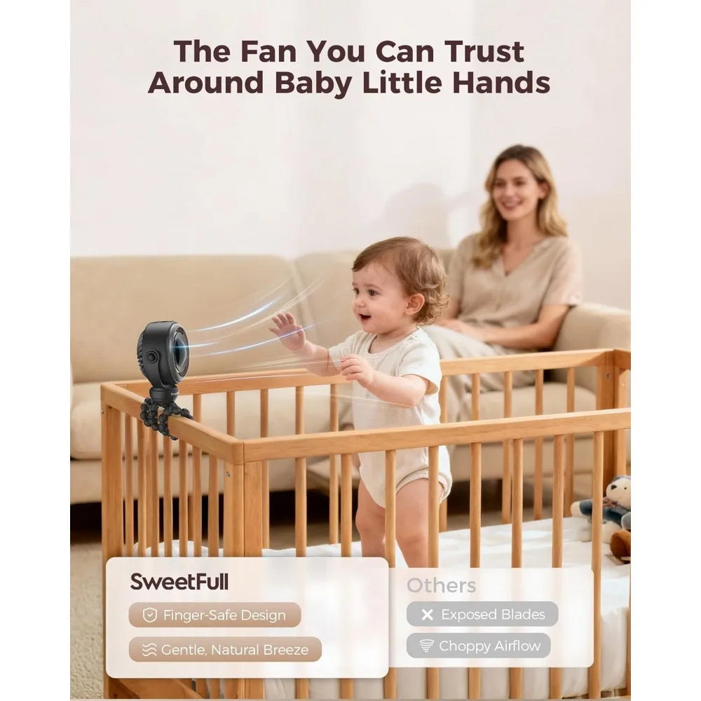 Flexible Portable 4-Speed Rechargeable Stroller Fan with LED Display & Night Light
