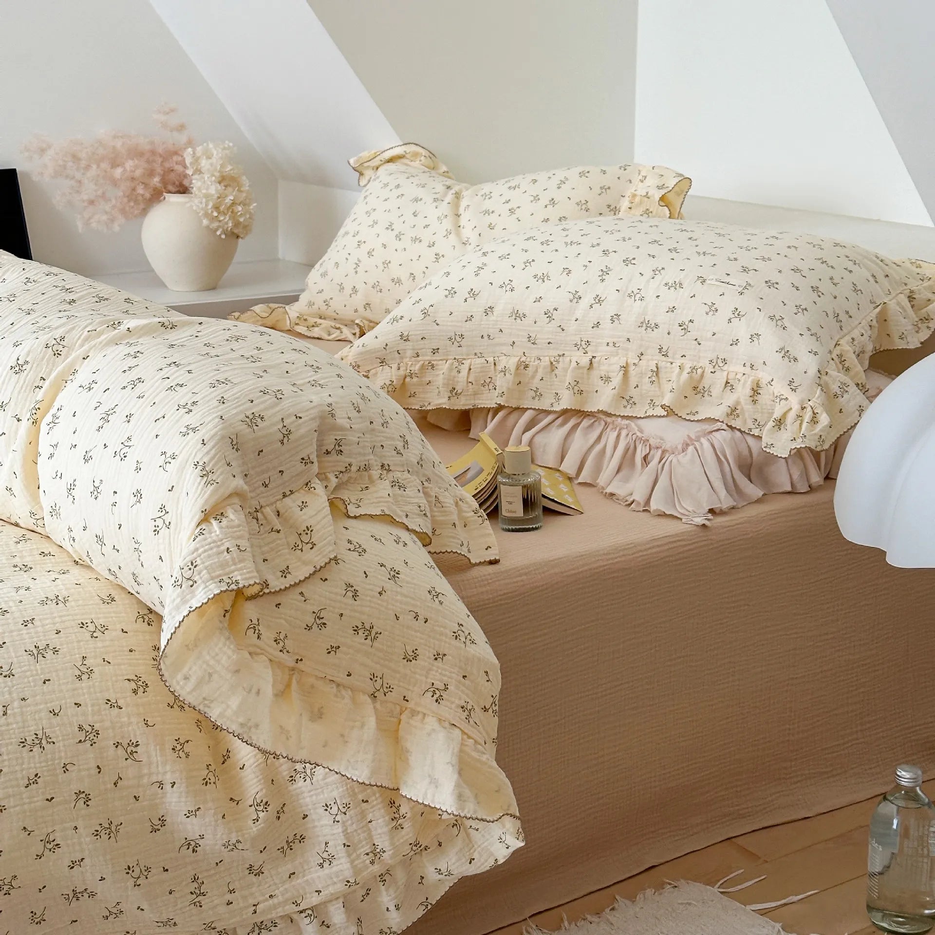 Cozy Princess Ruffle Edge Gauze 100% Cotton Pillow Case Breathable Duvet Cover Without Filler 3PCS Floral Home Bedding Set