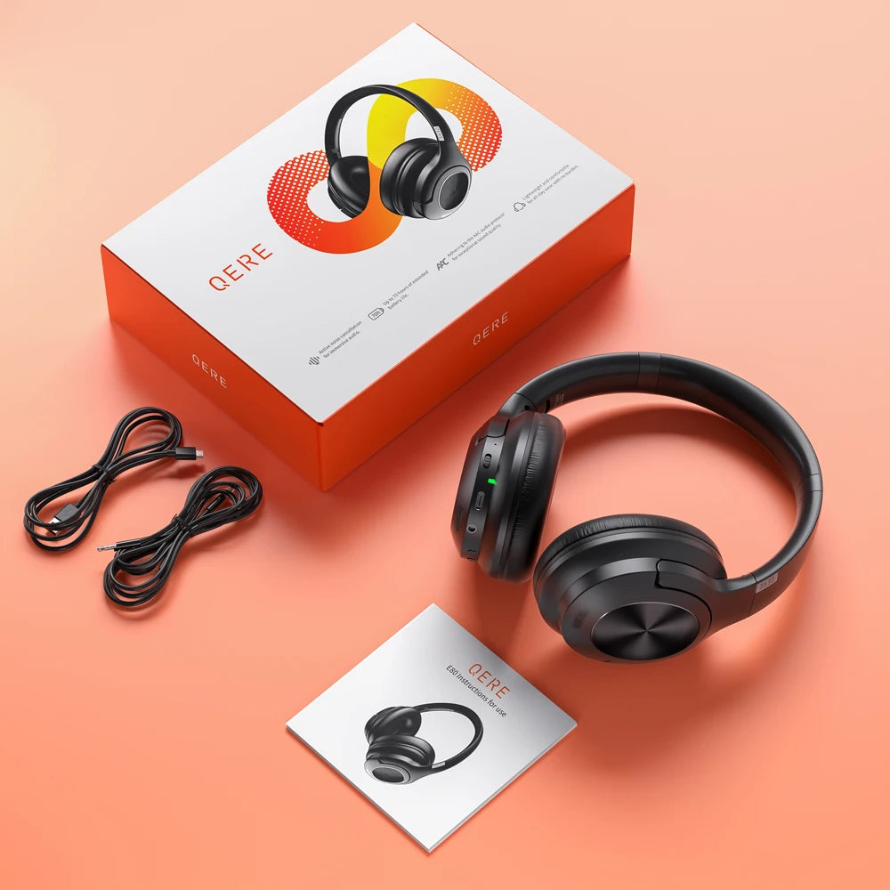 Active Noise Cancellation HiFi Wireless headphones QERE E80 Earphone bluetooth 5.3 ANCHi-Res Audio Over the Ear Headset 70H 40mm Driver2.4G