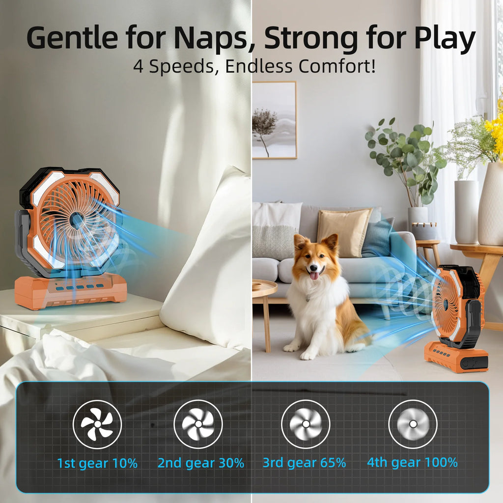 Super 20000mAh Operated Mist Cooling Fan Portable Rechargeable Desk/Camping Fan with LED Light and Hook Outdoor Fan for Tent Car Trip