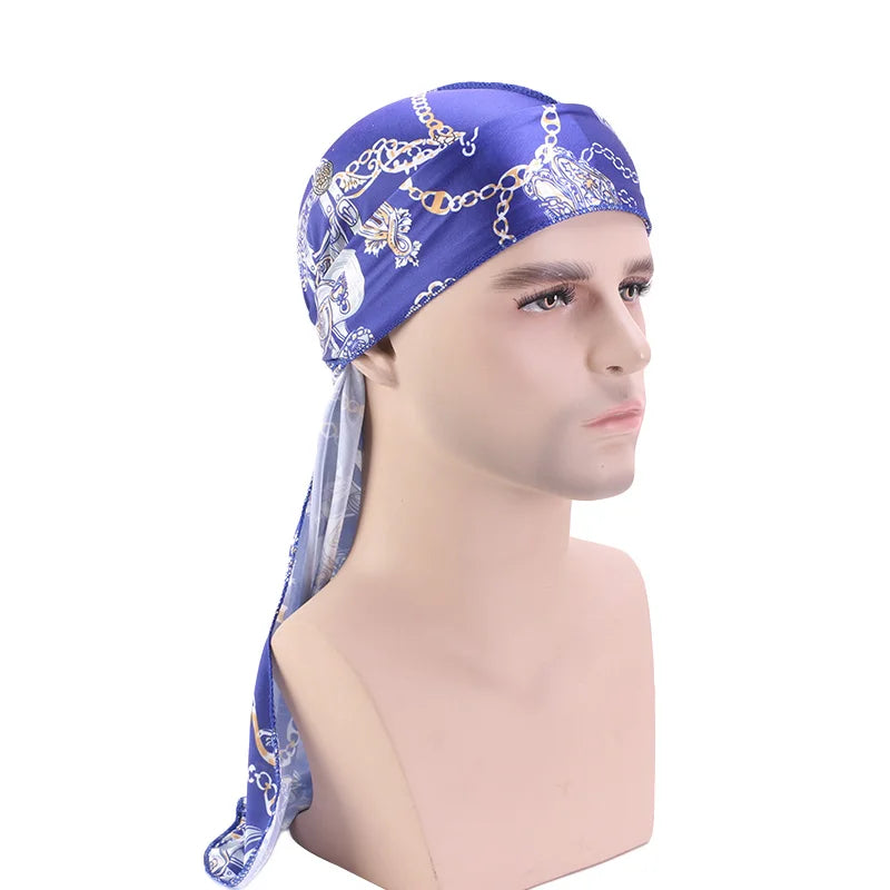 Large  Silk Cashew Style Printed Durag Turban For Women Men Bandanas Headwear Silky Rag Long Tail Pirate Hat Caps Hair Accessories