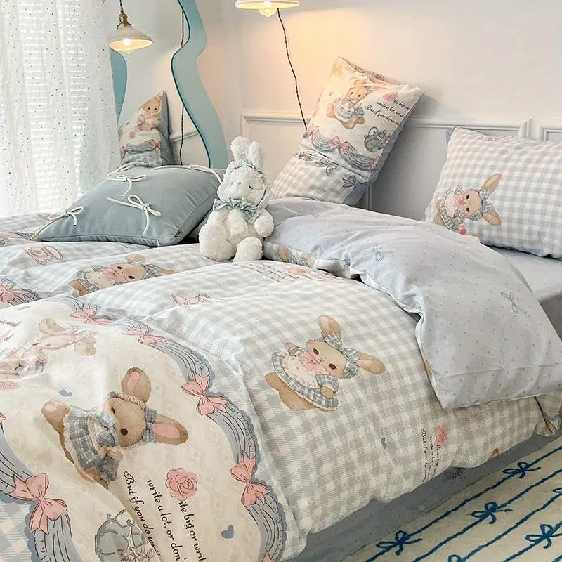 Boys & Girls Cute Rabbit Bedding Set New No Filler Ins Floral Duvet Cover Flat Sheet Pillowcases Twin Queen Size Comforter Cover
