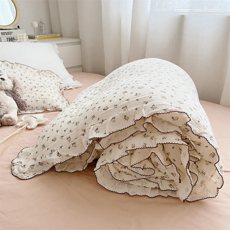 Cozy Princess Ruffle Edge Gauze 100% Cotton Pillow Case Breathable Duvet Cover Without Filler 3PCS Floral Home Bedding Set