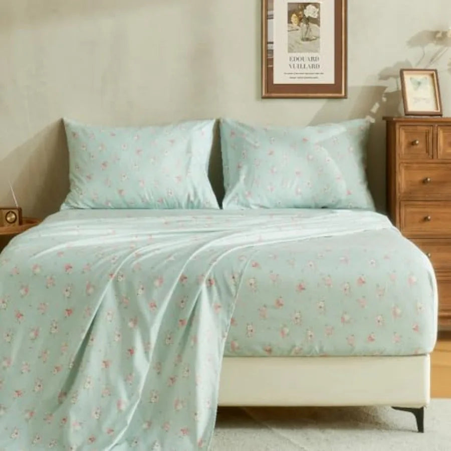 Natural Mint Floral Sheets King Size Deep Pocket Sheets Black Soft Breathable Farmhouse 4pcs Bed Sheet Sets