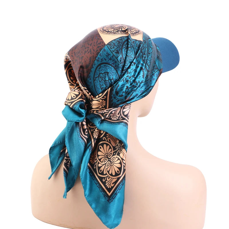 Women Fashion Printed Satin Headscarf Hat with Brim Sun Hats Summer Soft Breathable Headscarf Caps Baseball Cap
