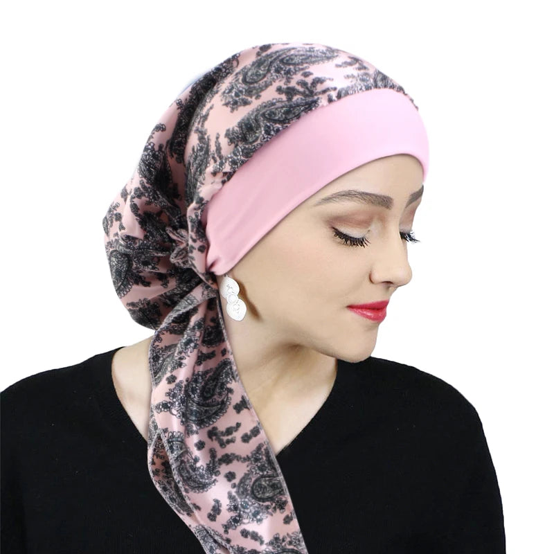 Premium Women Pre-Tied Satin Turban Muslim Inner Hijabs Cancer Chemo Caps Headscarf Hair Loss Headwrap Bandana Elastic Hair Accessories