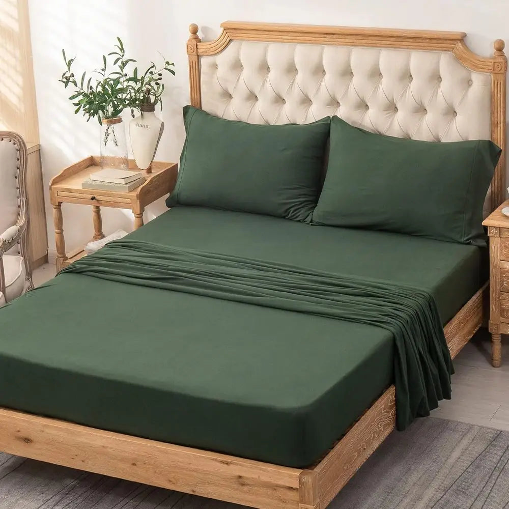 Jersey Knit Bed Sheet Queen Size 4-Piece Set in 100% Soft Cotton, Breathable and Suitable for 20 Deep Mattresses, Available in S