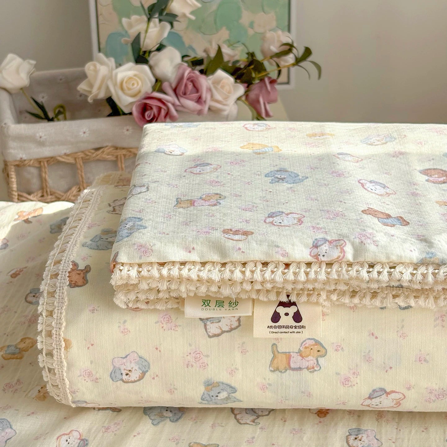 Spring & Summer  Floral Print Double Gauze Bed Sheet with Fringe Lace Trim