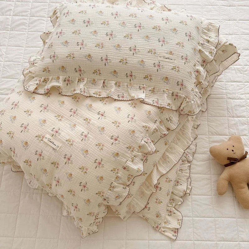 Cozy Princess Ruffle Edge Gauze 100% Cotton Pillow Case Breathable Duvet Cover Without Filler 3PCS Floral Home Bedding Set