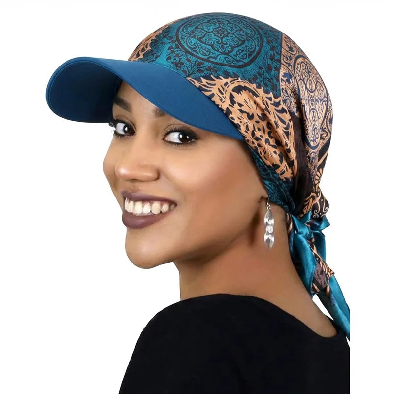 Women Fashion Printed Satin Headscarf Hat with Brim Sun Hats Summer Soft Breathable Headscarf Caps Baseball Cap