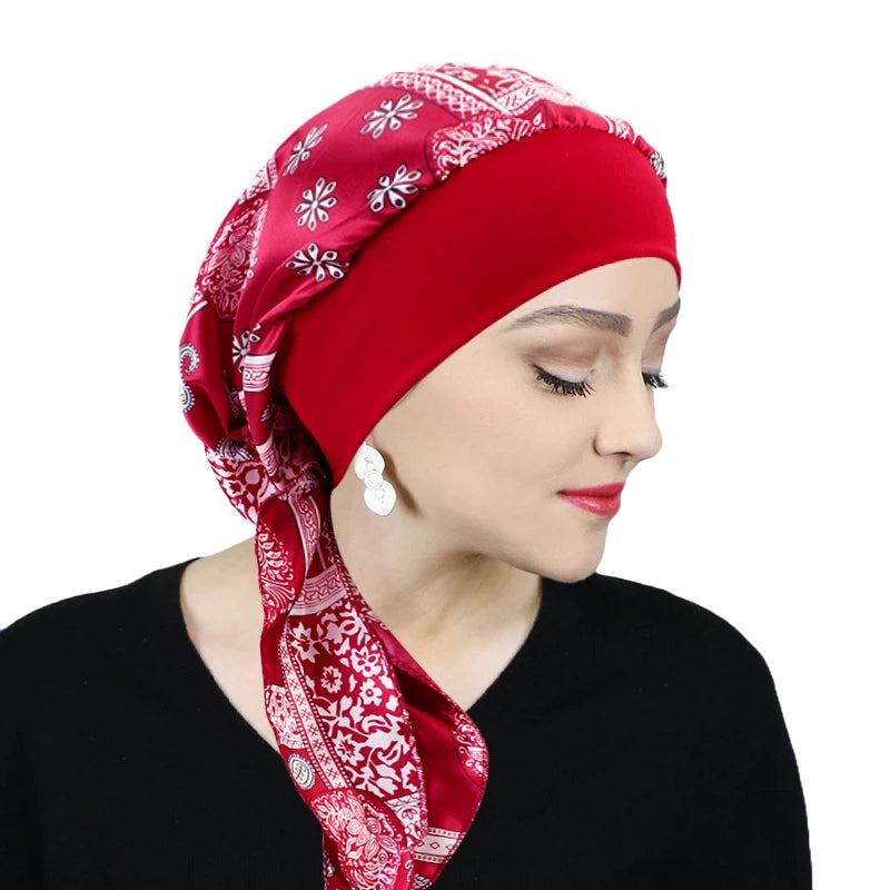 Premium Women Pre-Tied Satin Turban Muslim Inner Hijabs Cancer Chemo Caps Headscarf Hair Loss Headwrap Bandana Elastic Hair Accessories