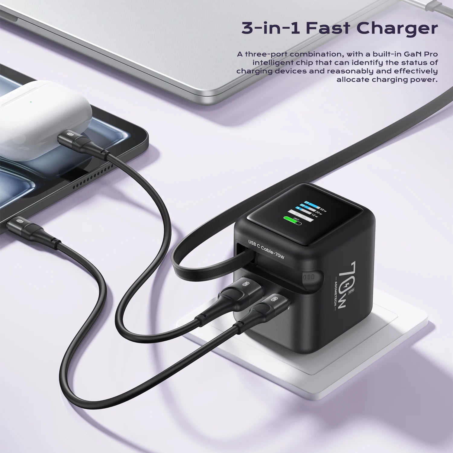 Fast Charging 70W GaN Charger With Retractable Type C Cable 45W PD QC PPS Travel Charger for iPhone 16 Laptop Macbook Tablet Samsung