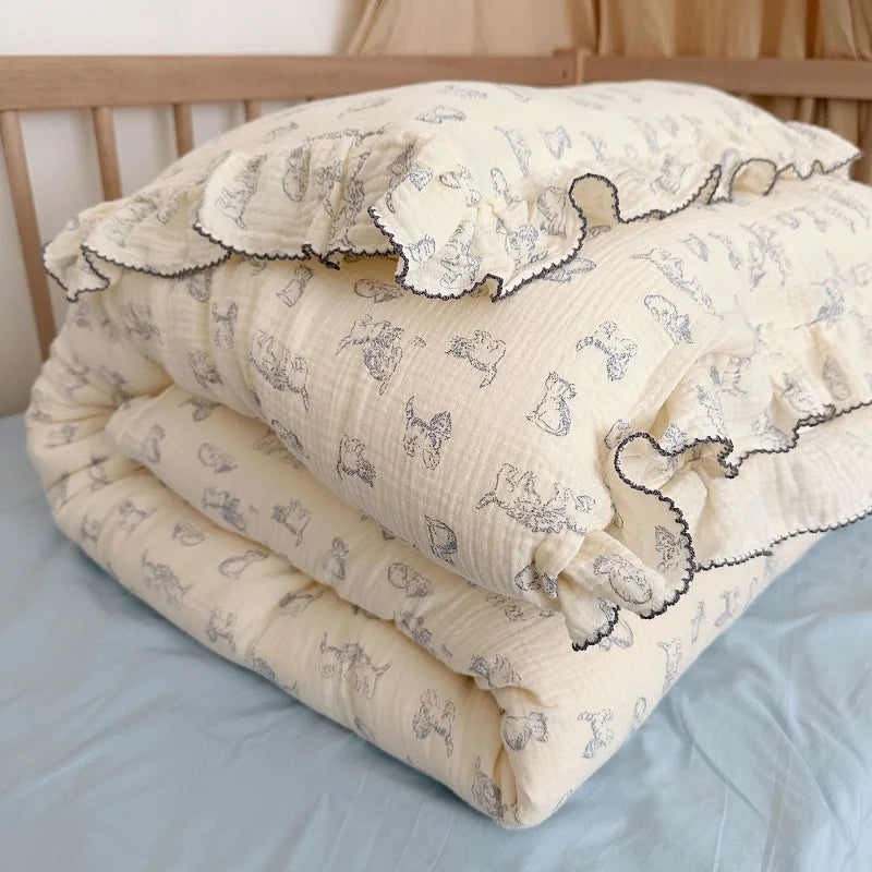 Cozy Princess Ruffle Edge Gauze 100% Cotton Pillow Case Breathable Duvet Cover Without Filler 3PCS Floral Home Bedding Set