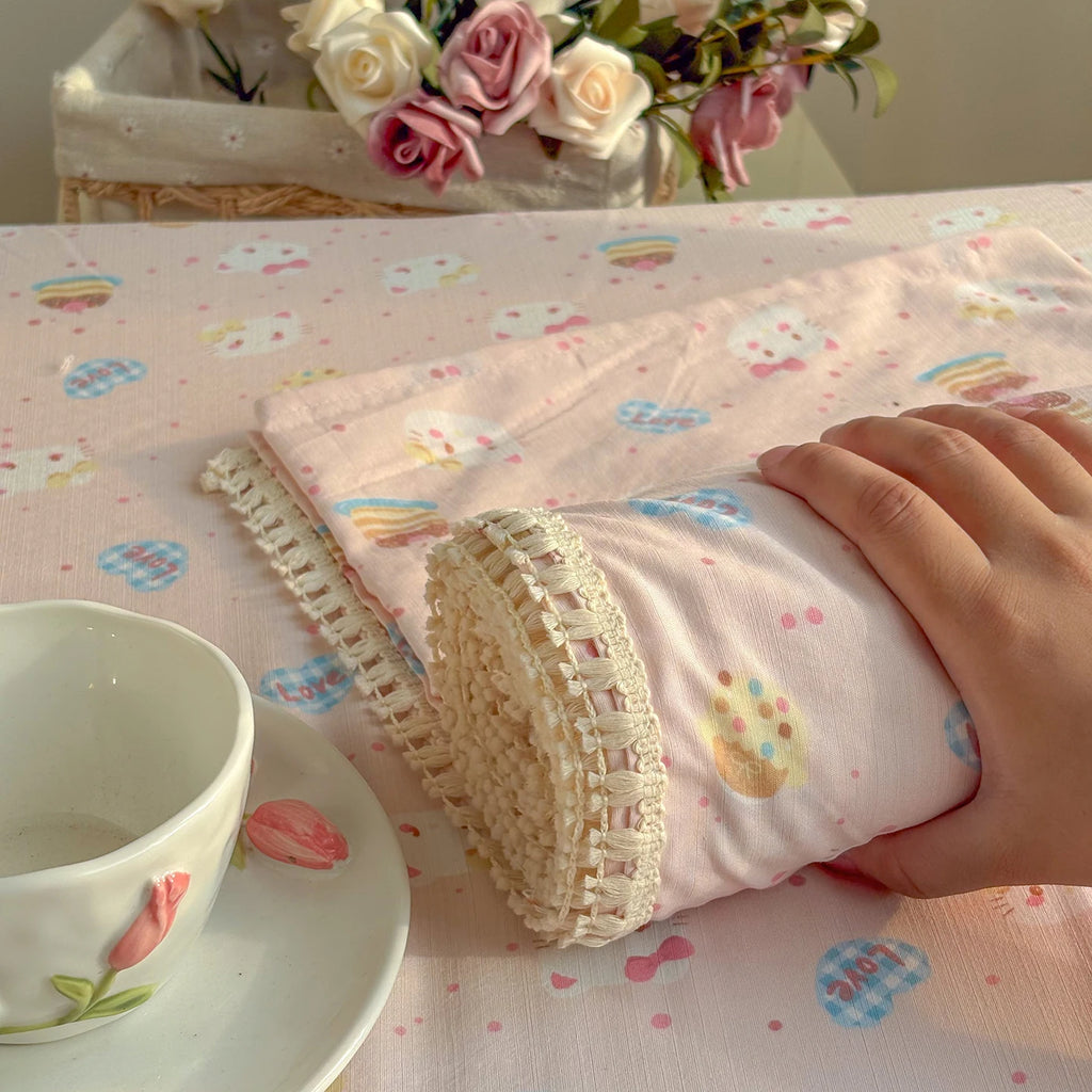 Spring & Summer  Floral Print Double Gauze Bed Sheet with Fringe Lace Trim