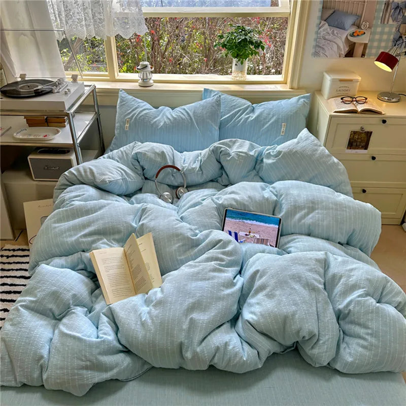 Puffy 3/4Pcs Solid Color Skin-friendly Soft Bedding Set Duvet Cover Bed Sheet Pillowcases