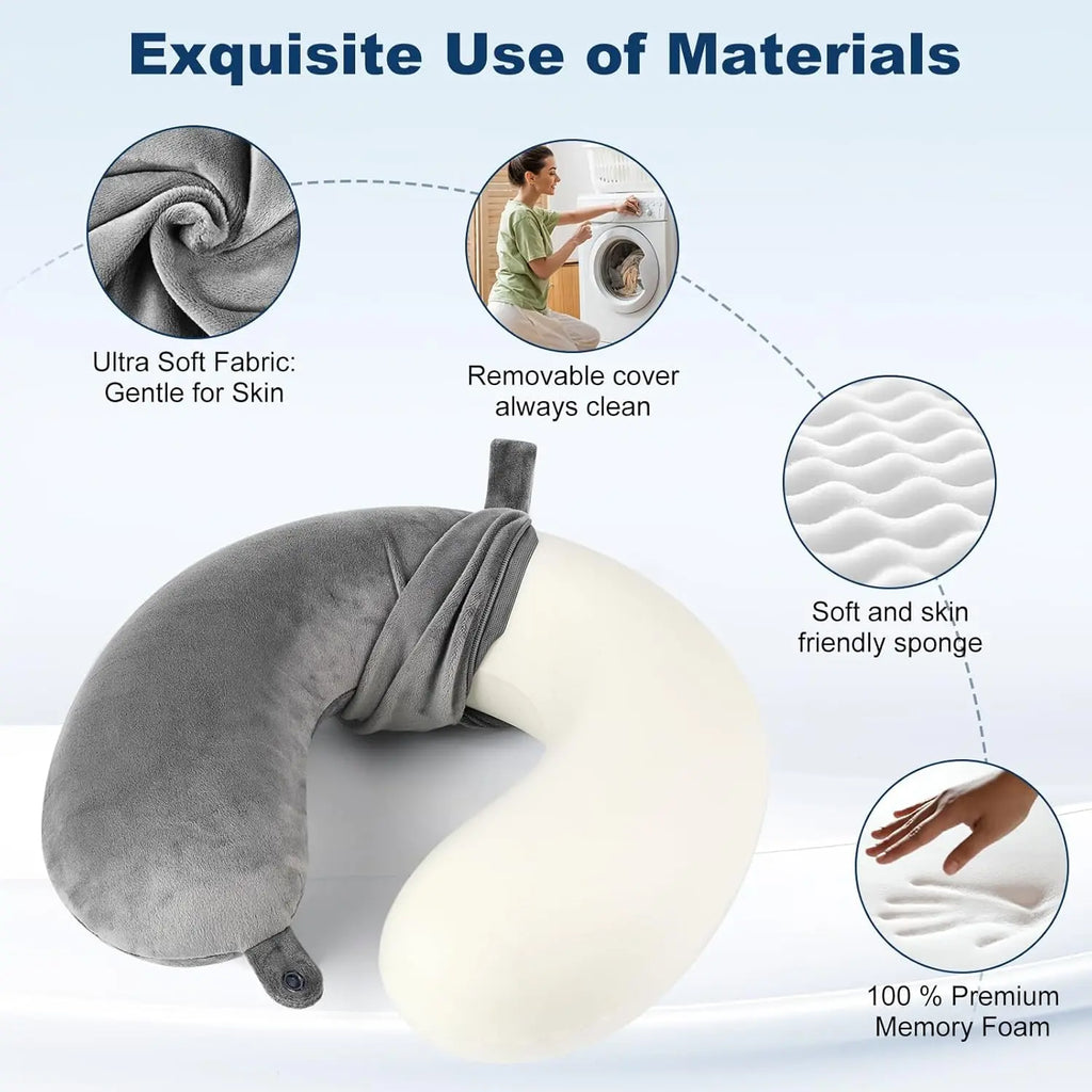 U Shape 100% Pure Memory Foam Travel Pillow with Ergonomic Raised Lobe Design for Neck Support, Portable for Plane, Train, Car, Grey