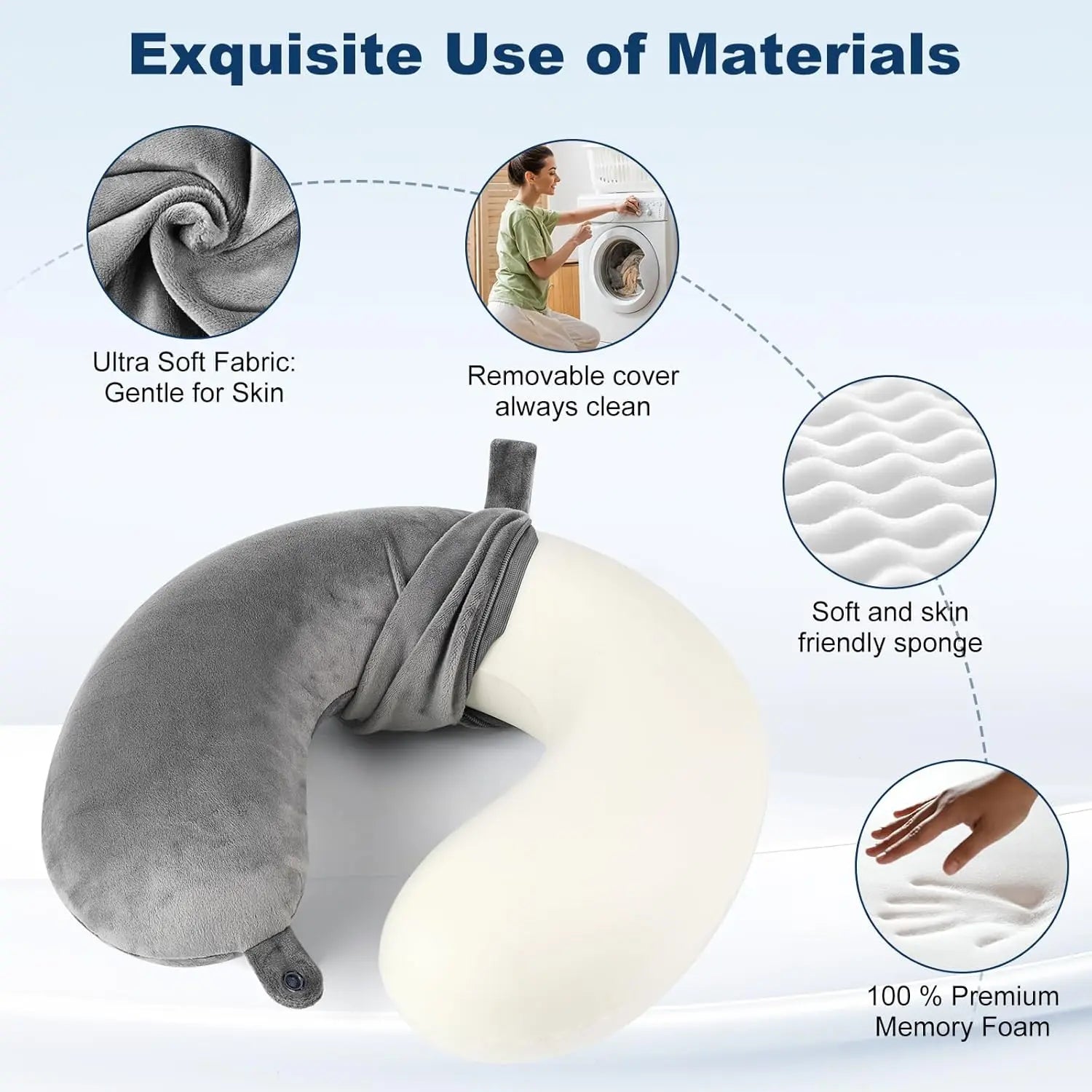 U Shape 100% Pure Memory Foam Travel Pillow with Ergonomic Raised Lobe Design for Neck Support, Portable for Plane, Train, Car, Grey