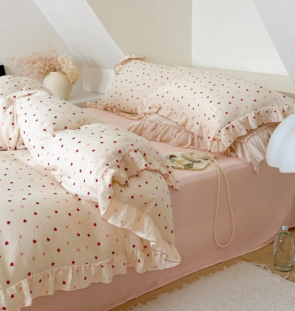 Cozy Princess Ruffle Edge Gauze 100% Cotton Pillow Case Breathable Duvet Cover Without Filler 3PCS Floral Home Bedding Set